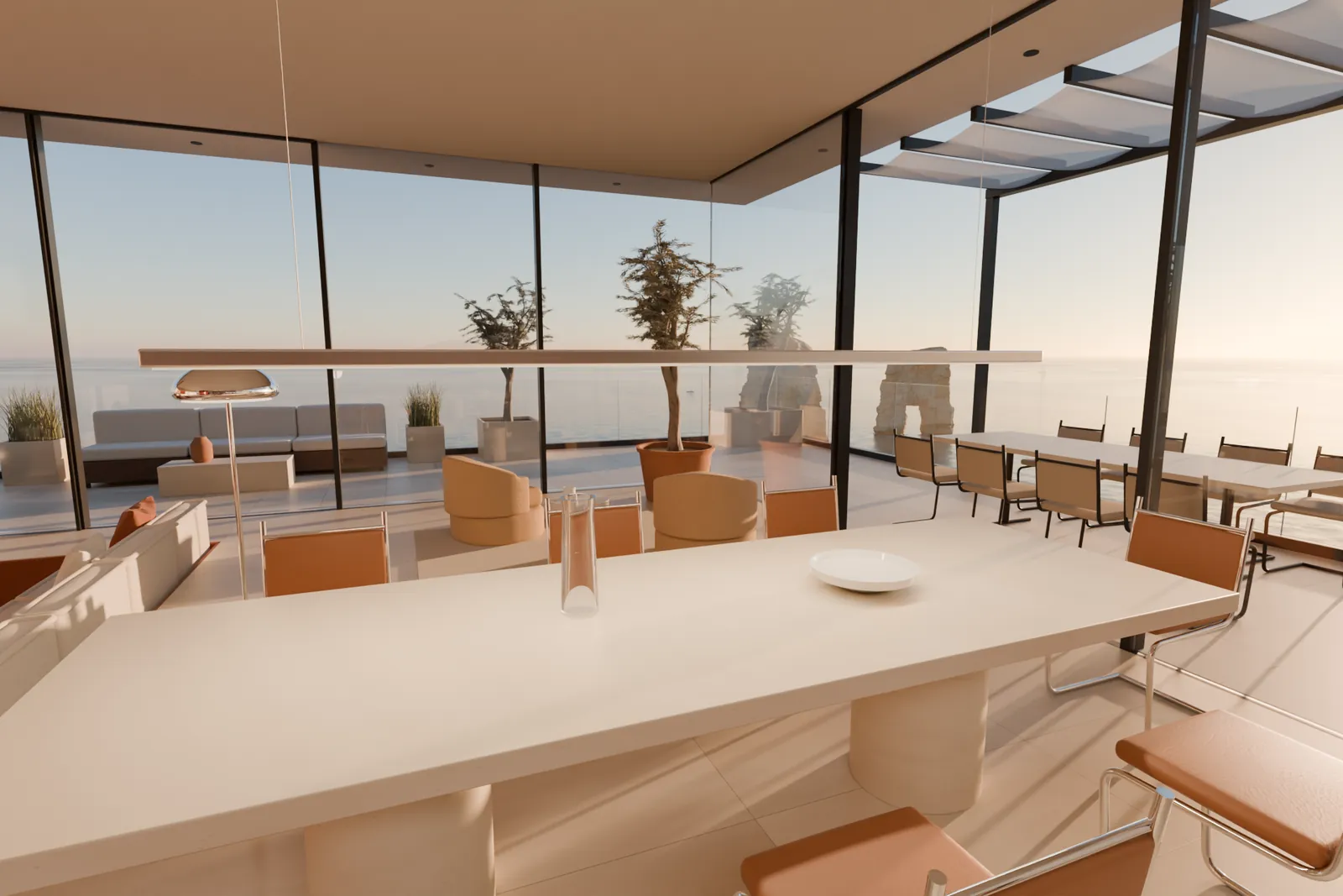 The dining table by the glass corner, the terrace, the pergola and the sea beyond: where the tour starts