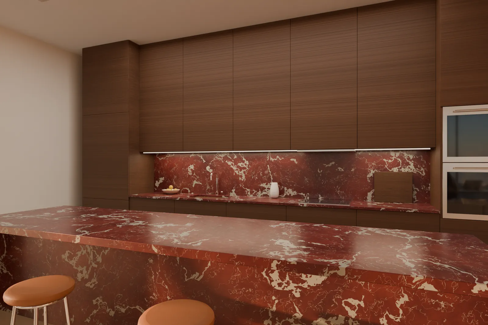 Kitchen with a red Rosso Levanto marble island, walnut cabinets and counter stools