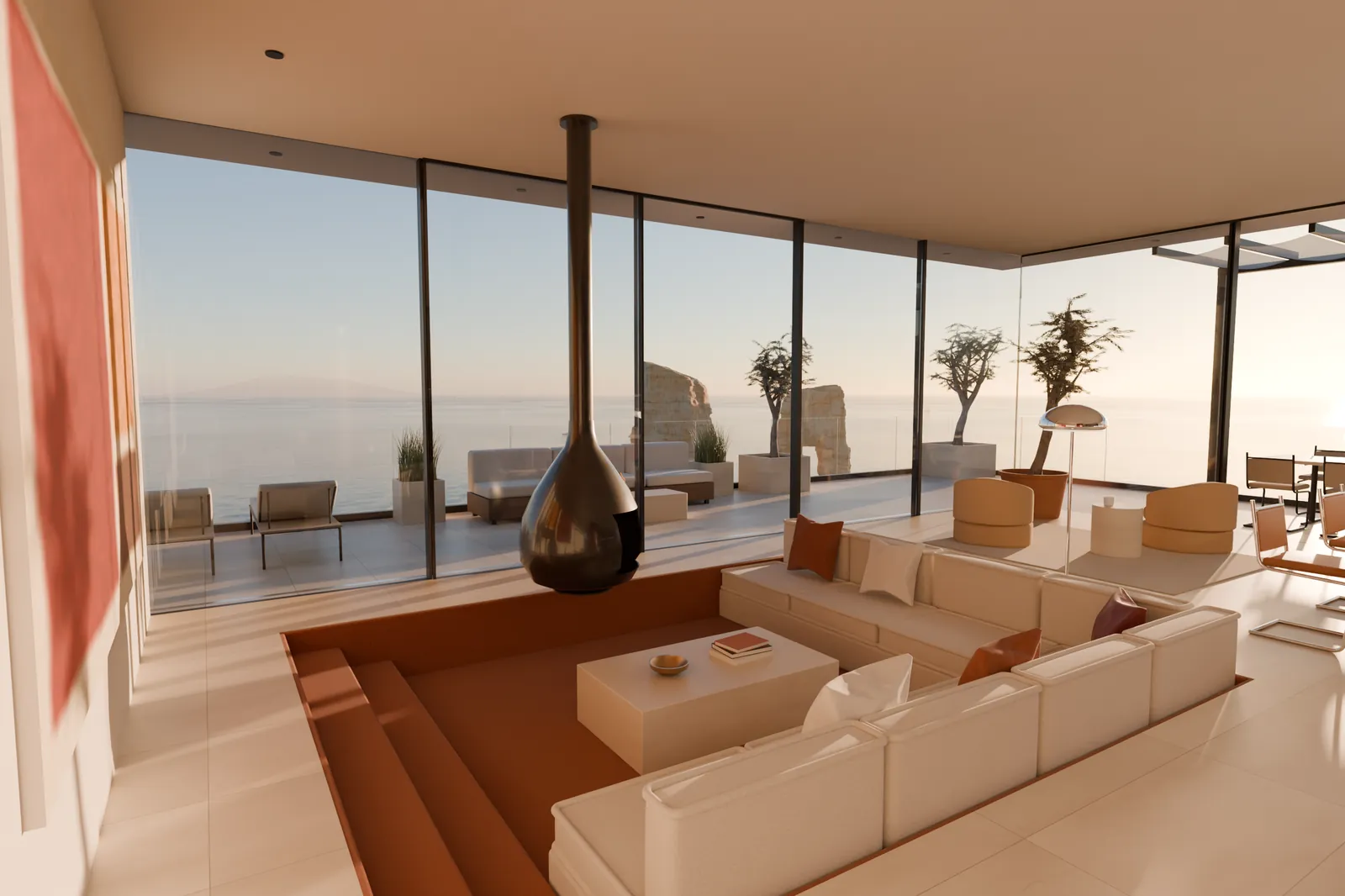 Sunken sofa pit under a suspended black fireplace, the terrace and the sea behind the glass